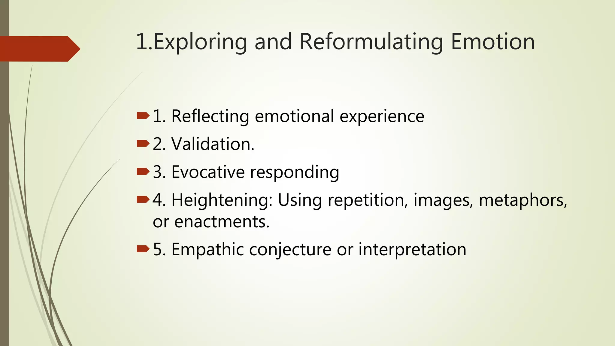 1.Exploring and Reformulating Emotion
1. Reflecting emotional experience
2. Validation.
3. Evocative responding
4. Heightening: Using repetition, images, metaphors,
or enactments.
5. Empathic conjecture or interpretation
 