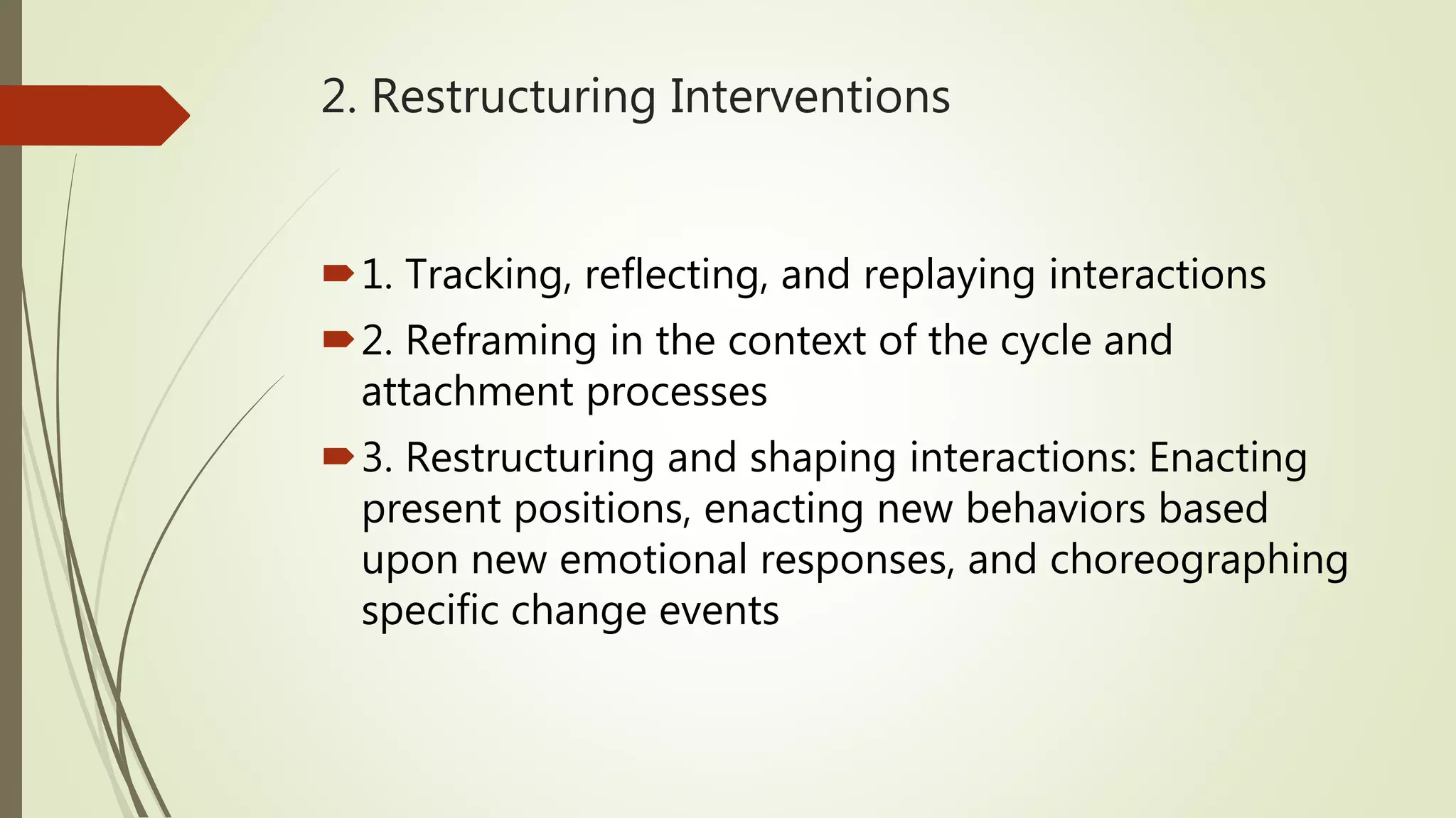 2. Restructuring Interventions
1. Tracking, reflecting, and replaying interactions
2. Reframing in the context of the cycle and
attachment processes
3. Restructuring and shaping interactions: Enacting
present positions, enacting new behaviors based
upon new emotional responses, and choreographing
specific change events
 