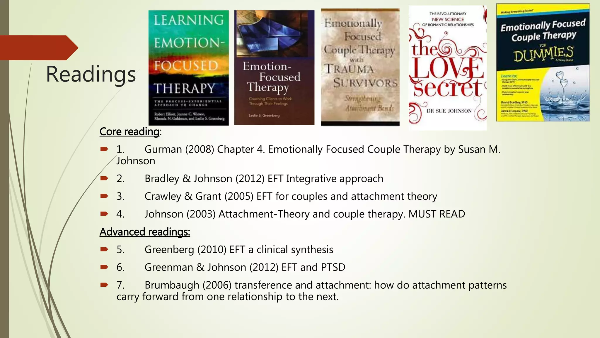 Readings
Core reading:
 1. Gurman (2008) Chapter 4. Emotionally Focused Couple Therapy by Susan M.
Johnson
 2. Bradley & Johnson (2012) EFT Integrative approach
 3. Crawley & Grant (2005) EFT for couples and attachment theory
 4. Johnson (2003) Attachment-Theory and couple therapy. MUST READ
Advanced readings:
 5. Greenberg (2010) EFT a clinical synthesis
 6. Greenman & Johnson (2012) EFT and PTSD
 7. Brumbaugh (2006) transference and attachment: how do attachment patterns
carry forward from one relationship to the next.
 