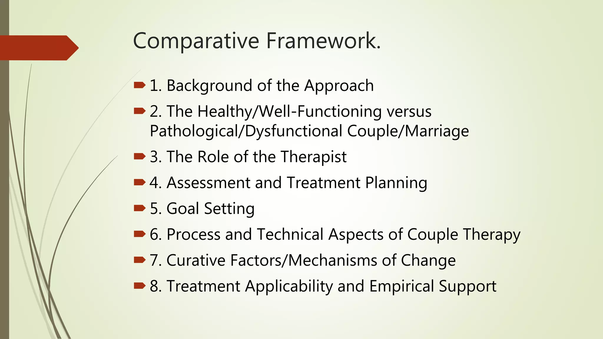 Comparative Framework.
1. Background of the Approach
2. The Healthy/Well-Functioning versus
Pathological/Dysfunctional Couple/Marriage
3. The Role of the Therapist
4. Assessment and Treatment Planning
5. Goal Setting
6. Process and Technical Aspects of Couple Therapy
7. Curative Factors/Mechanisms of Change
8. Treatment Applicability and Empirical Support
 
