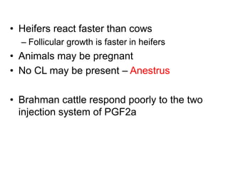 • Heifers react faster than cows
– Follicular growth is faster in heifers
• Animals may be pregnant
• No CL may be present – Anestrus
• Brahman cattle respond poorly to the two
injection system of PGF2a
 