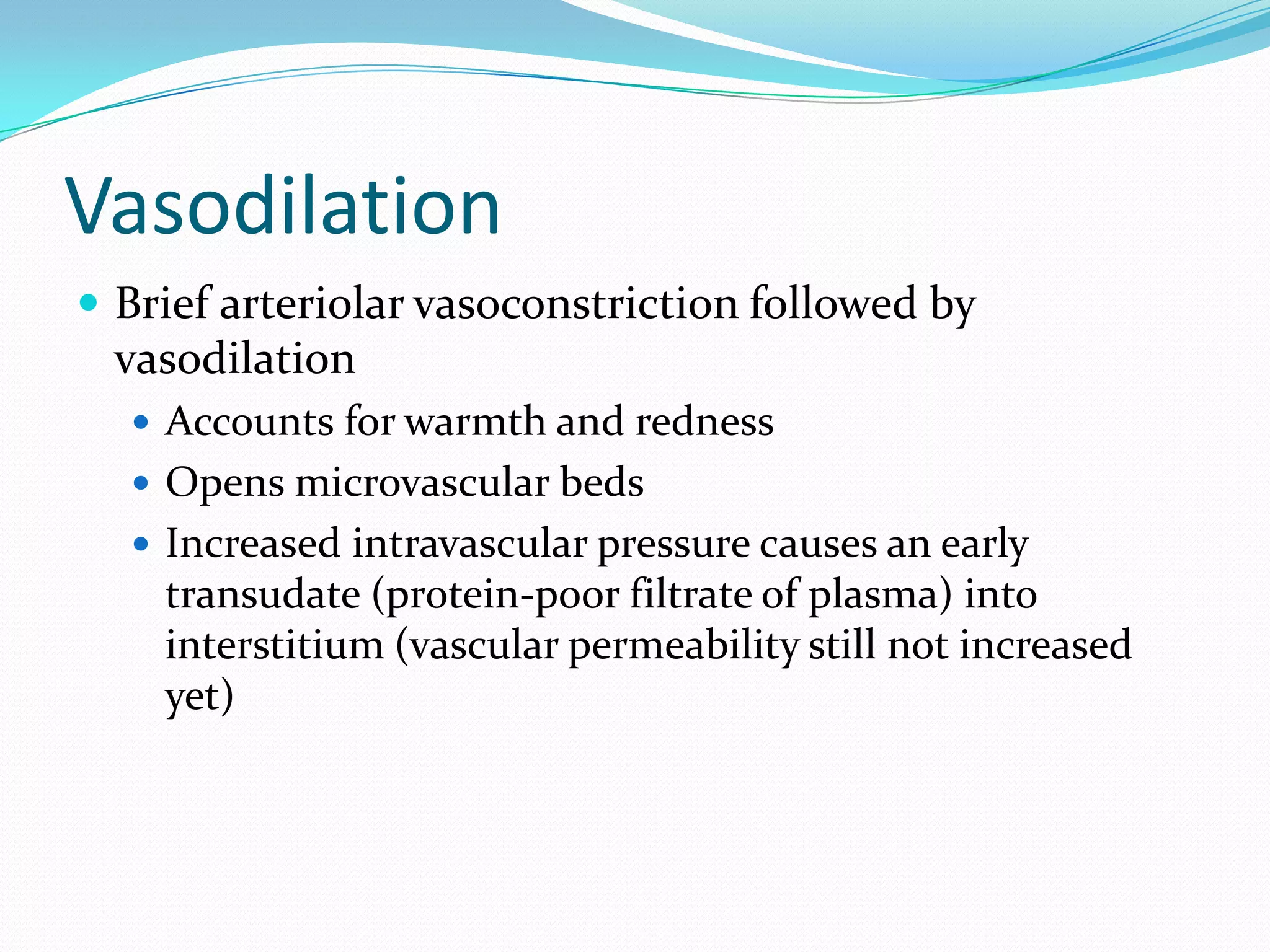 Vasodilation
 Brief arteriolar vasoconstriction followed by
vasodilation
 Accounts for warmth and redness
 Opens microvascular beds
 Increased intravascular pressure causes an early
transudate (protein-poor filtrate of plasma) into
interstitium (vascular permeability still not increased
yet)
 