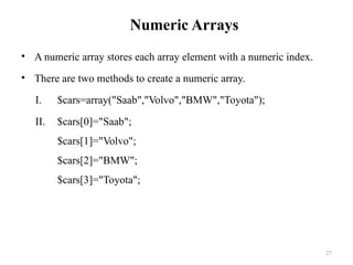 Numeric Arrays
• A numeric array stores each array element with a numeric index.
• There are two methods to create a numeric array.
I. $cars=array("Saab","Volvo","BMW","Toyota");
II. $cars[0]="Saab";
$cars[1]="Volvo";
$cars[2]="BMW";
$cars[3]="Toyota";
27
 