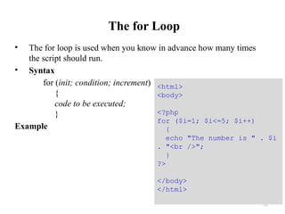 The for Loop
• The for loop is used when you know in advance how many times
the script should run.
• Syntax
for (init; condition; increment)
{
code to be executed;
}
Example
32
<html>
<body>
<?php
for ($i=1; $i<=5; $i++)
{
echo "The number is " . $i
. "<br />";
}
?>
</body>
</html>
 