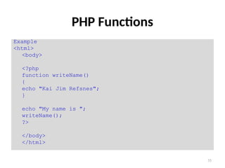 35
PHP Functions
Example
<html>
<body>
<?php
function writeName()
{
echo "Kai Jim Refsnes";
}
echo "My name is ";
writeName();
?>
</body>
</html>
 