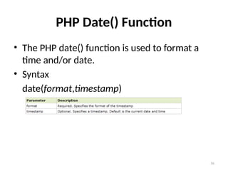 36
PHP Date() Function
• The PHP date() function is used to format a
time and/or date.
• Syntax
date(format,timestamp)
 