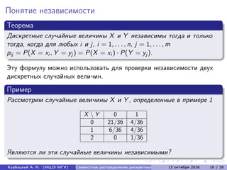 Понятие независимости
Теорема
Дискретные случайные величины X и Y независимы тогда и только
тогда, когда для любых i и j, i = 1, . . . , n, j = 1, . . . , m
pij = P(X = xi , Y = yj ) = P(X = xi ) · P(Y = yj ).
Эту формулу можно использовать для проверки независимости двух
дискретных случайных величин.
Пример
Рассмотрим случайные величины X и Y , определенные в примере 1
X  Y 0 1
0 21/36 4/36
1 6/36 4/36
2 0 1/36
Являются ли эти случайные величины независимыми?
Курбацкий А. Н. (МШЭ МГУ) Совместное распределение дискретных с.в. 13 октября 2016 10 / 26
 