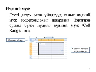 Нүдний муж
Excel дээрх олон үйлдлүүд таныг нүдний
муж тодорхойлохыг шаардана. Зэрэгцэн
орших бүлэг нүдийг нүдний муж /Cell
Range/ гэнэ.
Идэвхитэй нүд
Сонгож ялгасан
нүдний муж

18

 