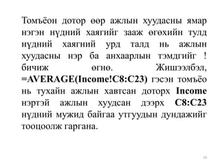 Томъѐон дотор өөр ажлын хуудасны ямар
нэгэн нүдний хаягийг зааж өгөхийн тулд
нүдний хаягний урд талд нь ажлын
хуудасны нэр ба анхаарлын тэмдгийг !
бичиж
өгнө.
Жишээлбэл,
=AVERAGE(Income!C8:C23) гэсэн томъѐо
нь тухайн ажлын хавтсан доторх Income
нэртэй ажлын хуудсан дээрх C8:C23
нүдний мужид байгаа утгуудын дундажийг
тооцоолж гаргана.

19

 