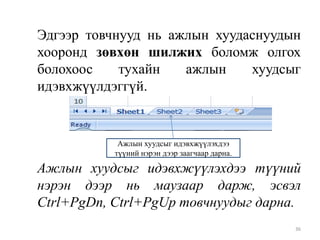 Эдгээр товчнууд нь ажлын хуудаснуудын
хооронд зөвхөн шилжих боломж олгох
болохоос
тухайн
ажлын
хуудсыг
идэвхжүүлдэггүй.

Ажлын хуудсыг идэвхжүүлэхдээ
түүний нэрэн дээр заагчаар дарна.

Ажлын хуудсыг идэвхжүүлэхдээ түүний
нэрэн дээр нь маузаар дарж, эсвэл
Ctrl+PgDn, Ctrl+PgUp товчнуудыг дарна.
36

 