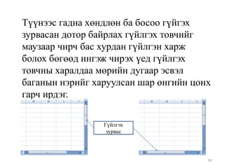 Түүнээс гадна хөндлөн ба босоо гүйгэх
зурвасан дотор байрлах гүйлгэх товчийг
маузаар чирч бас хурдан гүйлгэн харж
болох бөгөөд ингэж чирэх үед гүйлгэх
товчны харалдаа мөрийн дугаар эсвэл
баганын нэрийг харуулсан шар өнгийн цонх
гарч ирдэг.
Гүйлгэх
зурвас

38

 