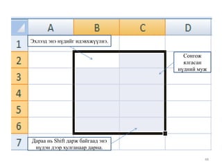 Эхлээд энэ нүдийг идэвхжүүлнэ.

Сонгож
ялгасан
нүдний муж

Дараа нь Shift дарж байгаад энэ
нүдэн дээр хулганаар дарна.
48

 