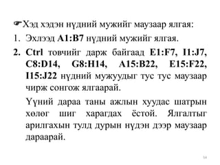 Хэд хэдэн нүдний мужийг маузаар ялгая:
1. Эхлээд A1:B7 нүдний мужийг ялгая.
2. Ctrl товчийг дарж байгаад E1:F7, I1:J7,
C8:D14, G8:H14, A15:B22, E15:F22,
I15:J22 нүдний мужуудыг тус тус маузаар
чирж сонгож ялгаарай.
Үүний дараа таны ажлын хуудас шатрын
хөлөг шиг харагдах ѐстой. Ялгалтыг
арилгахын тулд дурын нүдэн дээр маузаар
дараарай.
54

 