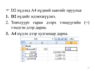  D2 нүдэнд А4 нүдний хаягийг оруулъя:
1. D2 нүдийг идэвхжүүлнэ.
2. Товчлуурт гаран дээрх тэнцүүгийн (=)
тэмдгэн дээр дарна.
3. А4 нүдэн дээр хулганаар дарна.

86

 