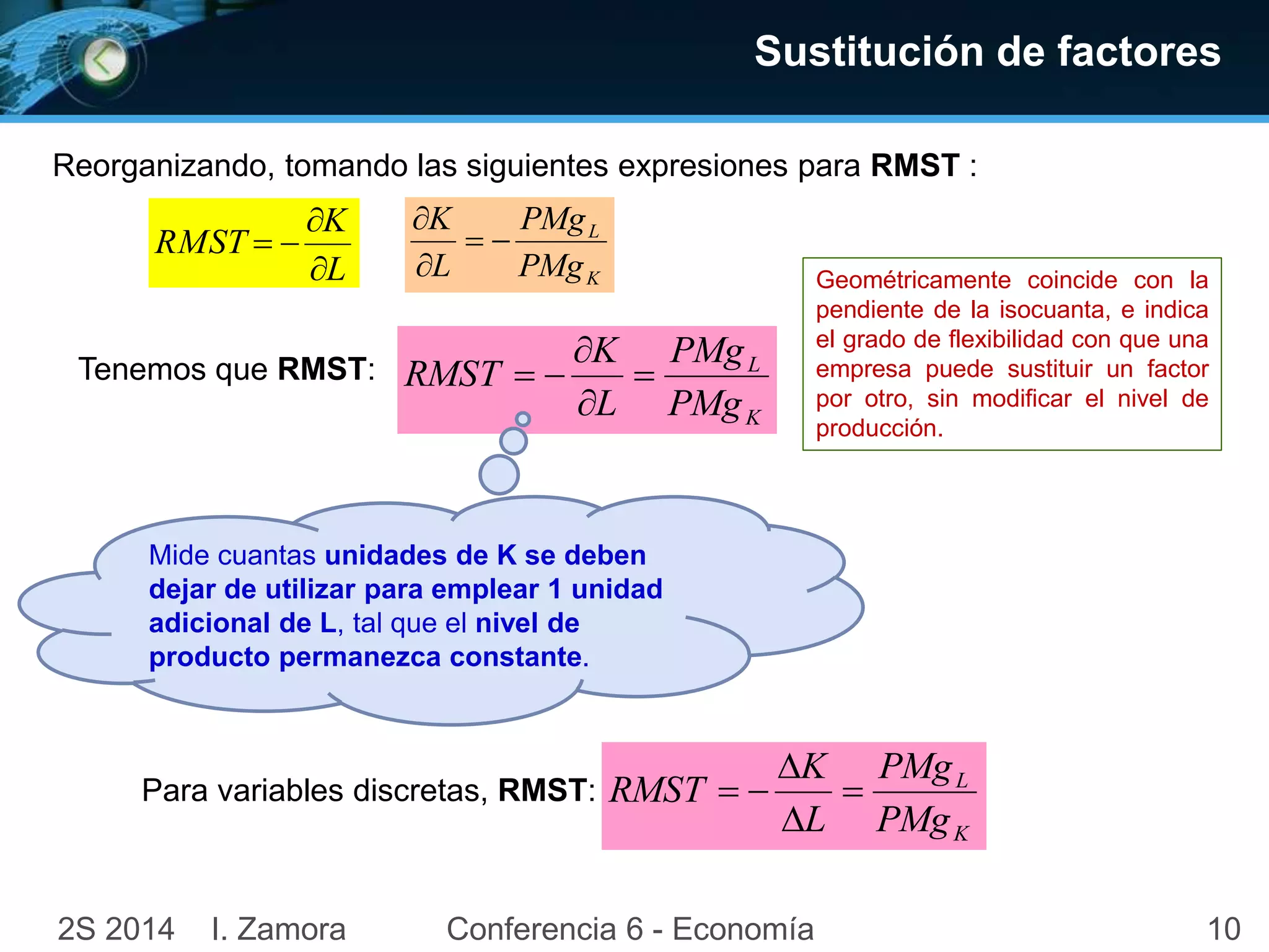 102S 2014 I. Zamora Conferencia 6 - Economía
K
L
PMg
PMg
L
K
RMST 



Reorganizando, tomando las siguientes expresiones para RMST :
Geométricamente coincide con la
pendiente de la isocuanta, e indica
el grado de flexibilidad con que una
empresa puede sustituir un factor
por otro, sin modificar el nivel de
producción.
Mide cuantas unidades de K se deben
dejar de utilizar para emplear 1 unidad
adicional de L, tal que el nivel de
producto permanezca constante.
Sustitución de factores
L
K
RMST



K
L
PMg
PMg
L
K



Tenemos que RMST:
K
L
PMg
PMg
L
K
RMST 


Para variables discretas, RMST:
 