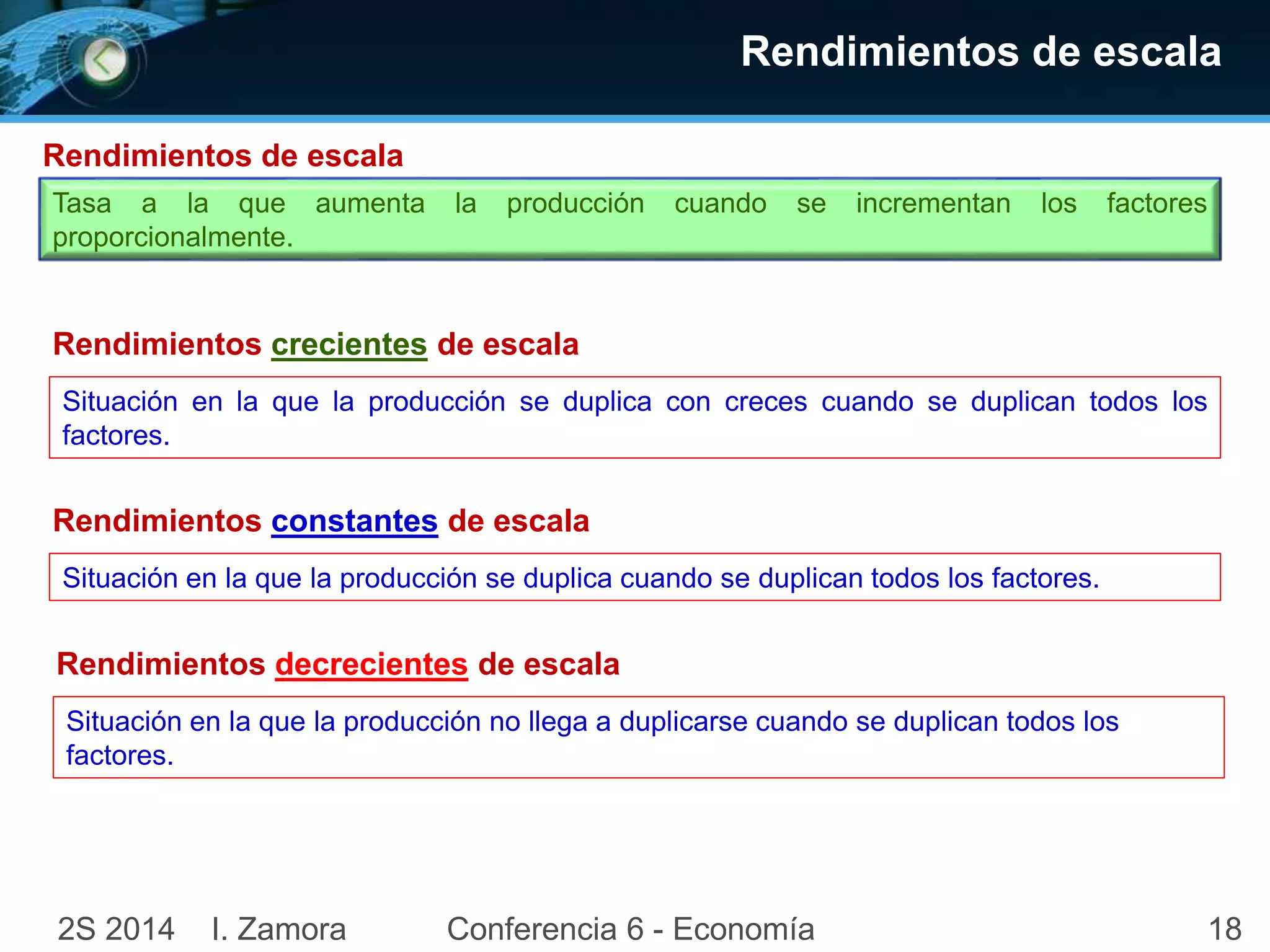 182S 2014 I. Zamora Conferencia 6 - Economía
Rendimientos de escala
Rendimientos de escala
Tasa a la que aumenta la producción cuando se incrementan los factores
proporcionalmente.
Rendimientos crecientes de escala
Situación en la que la producción se duplica con creces cuando se duplican todos los
factores.
Rendimientos constantes de escala
Situación en la que la producción se duplica cuando se duplican todos los factores.
Rendimientos decrecientes de escala
Situación en la que la producción no llega a duplicarse cuando se duplican todos los
factores.
 