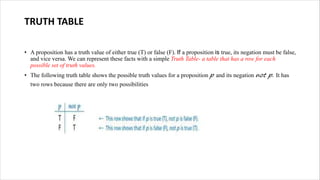 TRUTH TABLE
• A proposition has a truth value of either true (T) or false (F). If a proposition is true, its negation must be false,
and vice versa. We can represent these facts with a simple Truth Table- a table that has a row for each
possible set of truth values.
• The following truth table shows the possible truth values for a proposition p and its negation not p. It has
two rows because there are only two possibilities
 