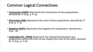 Common Logical Connectives:
• Conjunction (AND): Represents the intersection of two propositions.
denoted by ∧ (e.g., p ∧ q).
• Disjunction (OR): Represents the union of two propositions. denoted by ∨
(e.g., p ∨ q).
• Negation (NOT): Represents the negation of a proposition. denoted by ¬
(e.g., ¬p).
• Implication (IF...THEN): Represents the relationship between two
propositions where the truth of one implies the truth of the other. denoted
by → (e.g., p → q).
 