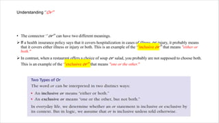 Understanding ‘’Or’’
• The connector ‘’or’’ can have two different meanings.
Ø If a health insurance policy says that it covers hospitalization in cases of illness or injury, it probably means
that it covers either illness or injury or both. This is an example of the ‘’inclusive or’’ that means "either or
both."
Ø In contrast, when a restaurant offers a choice of soup or salad, you probably are not supposed to choose both.
This is an example of the ‘’exclusive or’’ that means "one or the other."
 