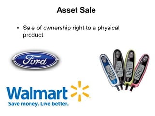 Asset Sale

• Sale of ownership right to a physical
  product
 