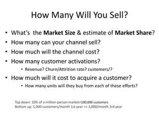 How Many Will You Sell?
• What’s the Market Size & estimate of Market Share?
• How many can your channel sell?
• How much will the channel cost?
• How many customer activations?
• Revenue? Churn/Attrition rate? customers/?
• How much will it cost to acquire a customer?
• How many units will they buy from each of these efforts?
Top down: 10% of a million-person market=100,000 customers
Bottom up: 1,000 customers/month 1st year => 3,000/month 3rd year
 