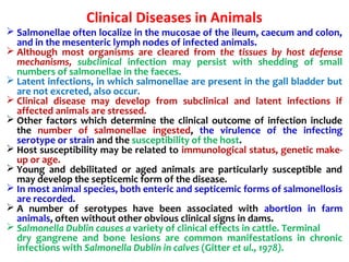 Clinical Diseases in Animals
 Salmonellae often localize in the mucosae of the ileum, caecum and colon,
and in the mesenteric lymph nodes of infected animals.
 Although most organisms are cleared from the tissues by host defense
mechanisms, subclinical infection may persist with shedding of small
numbers of salmonellae in the faeces.
 Latent infections, in which salmonellae are present in the gall bladder but
are not excreted, also occur.
 Clinical disease may develop from subclinical and latent infections if
affected animals are stressed.
 Other factors which determine the clinical outcome of infection include
the number of salmonellae ingested, the virulence of the infecting
serotype or strain and the susceptibility of the host.
 Host susceptibility may be related to immunological status, genetic make-
up or age.
 Young and debilitated or aged animaIs are particularly susceptible and
may develop the septicemic form of the disease.
 In most animal species, both enteric and septicemic forms of salmonellosis
are recorded.
 A number of serotypes have been associated with abortion in farm
animals, often without other obvious clinical signs in dams.
 Salmonella Dublin causes a variety of clinical effects in cattle. Terminal
dry gangrene and bone lesions are common manifestations in chronic
infections with Salmonella Dublin in calves (Gitter et ul., 1978).
 