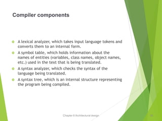 Chapter 6 Architectural design
Compiler components
 A lexical analyzer, which takes input language tokens and
converts them to an internal form.
 A symbol table, which holds information about the
names of entities (variables, class names, object names,
etc.) used in the text that is being translated.
 A syntax analyzer, which checks the syntax of the
language being translated.
 A syntax tree, which is an internal structure representing
the program being compiled.
36
 