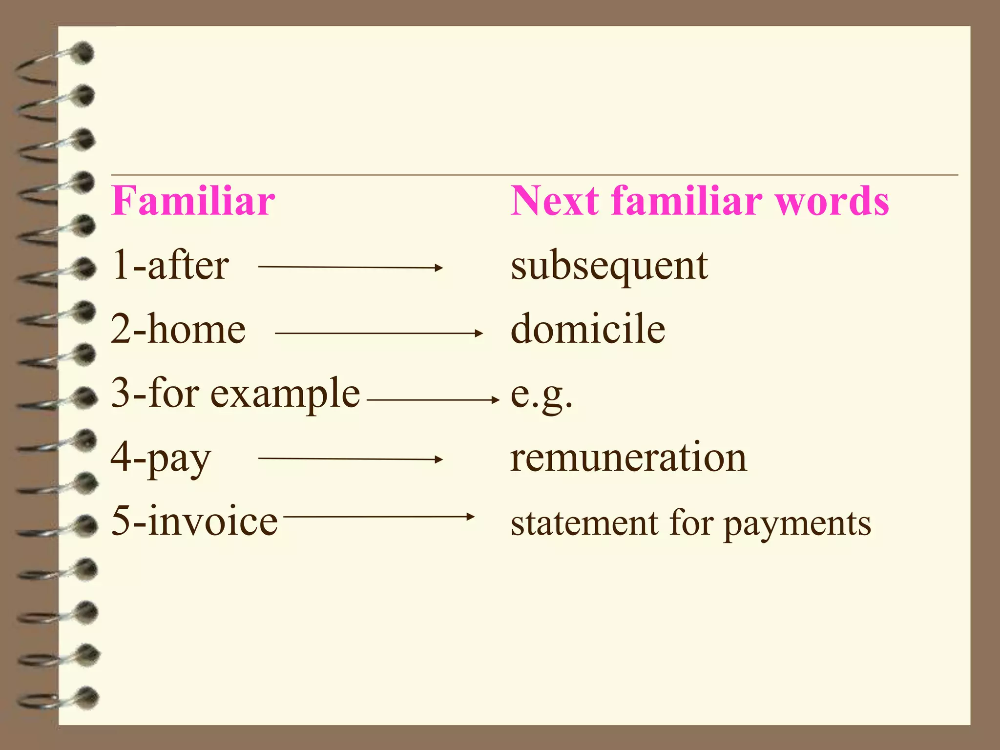 Familiar
1-after
2-home
3-for example
4-pay
5-invoice

Next familiar words
subsequent
domicile
e.g.
remuneration
statement for payments

 