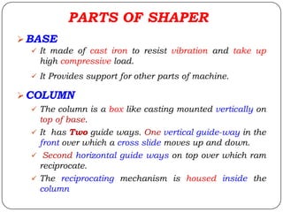 PARTS OF SHAPER
BASE
 It made of cast iron to resist vibration and take up
high compressive load.
 It Provides support for other parts of machine.
COLUMN
 The column is a box like casting mounted vertically on
top of base.
 It has Two guide ways. One vertical guide-way in the
front over which a cross slide moves up and down.
 Second horizontal guide ways on top over which ram
reciprocate.
 The reciprocating mechanism is housed inside the
column
 