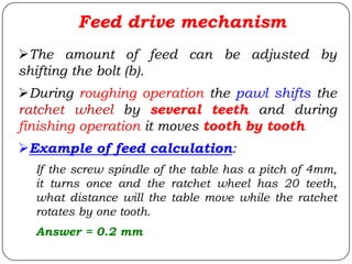 Feed drive mechanism
The amount of feed can be adjusted by
shifting the bolt (b).
During roughing operation the pawl shifts the
ratchet wheel by several teeth and during
finishing operation it moves tooth by tooth
Example of feed calculation:
If the screw spindle of the table has a pitch of 4mm,
it turns once and the ratchet wheel has 20 teeth,
what distance will the table move while the ratchet
rotates by one tooth.
Answer = 0.2 mm
 