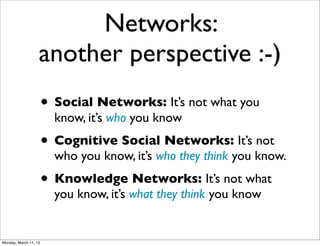 Networks:
                   another perspective :-)
                       • Social Networks: It’s not what you
                         know, it’s who you know
                       • Cognitive Social Networks: It’s not
                         who you know, it’s who they think you know.
                       • Knowledge Networks: It’s not what
                         you know, it’s what they think you know


Monday, March 11, 13
 