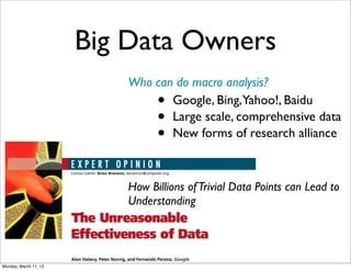 Big Data Owners
                          Who can do macro analysis?
                                •Google, Bing,Yahoo!, Baidu
                                •Large scale, comprehensive data
                                •New forms of research alliance



                          How Billions of Trivial Data Points can Lead to
                          Understanding




Monday, March 11, 13
 