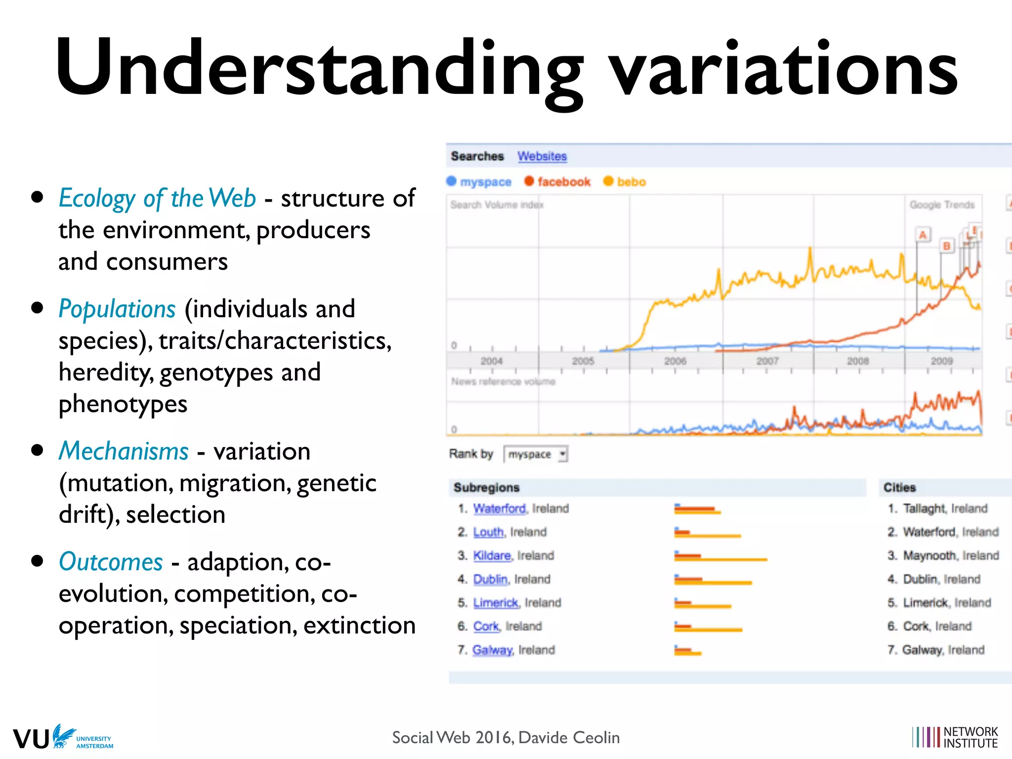 Understanding variations
• Ecology of theWeb - structure of
the environment, producers
and consumers
• Populations (individuals and
species), traits/characteristics,
heredity, genotypes and
phenotypes
• Mechanisms - variation
(mutation, migration, genetic
drift), selection
• Outcomes - adaption, co-
evolution, competition, co-
operation, speciation, extinction
Social Web 2016, Davide Ceolin
 