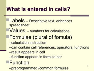 11
What is entered in cells?
Labels – Descriptive text, enhances
spreadsheet
Values – numbers for calculations
Formulae (plural of fomula)
–calculation instruction
–can contain cell references, operators, functions
–result appears in cell
–function appears in formula bar
Function
–preprogrammed /common formulas
 