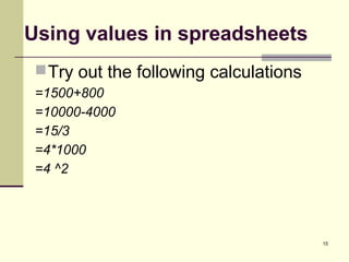 15
Using values in spreadsheets
Try out the following calculations
=1500+800
=10000-4000
=15/3
=4*1000
=4 ^2
 