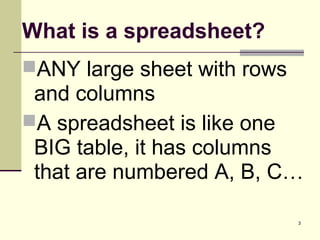3
What is a spreadsheet?
ANY large sheet with rows
and columns
A spreadsheet is like one
BIG table, it has columns
that are numbered A, B, C…
 