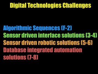 Digital Technologies Challenges
Algorithmic Sequences (F-2)
Sensor driven interface solutions (3-4)
Sensor driven robotic ...