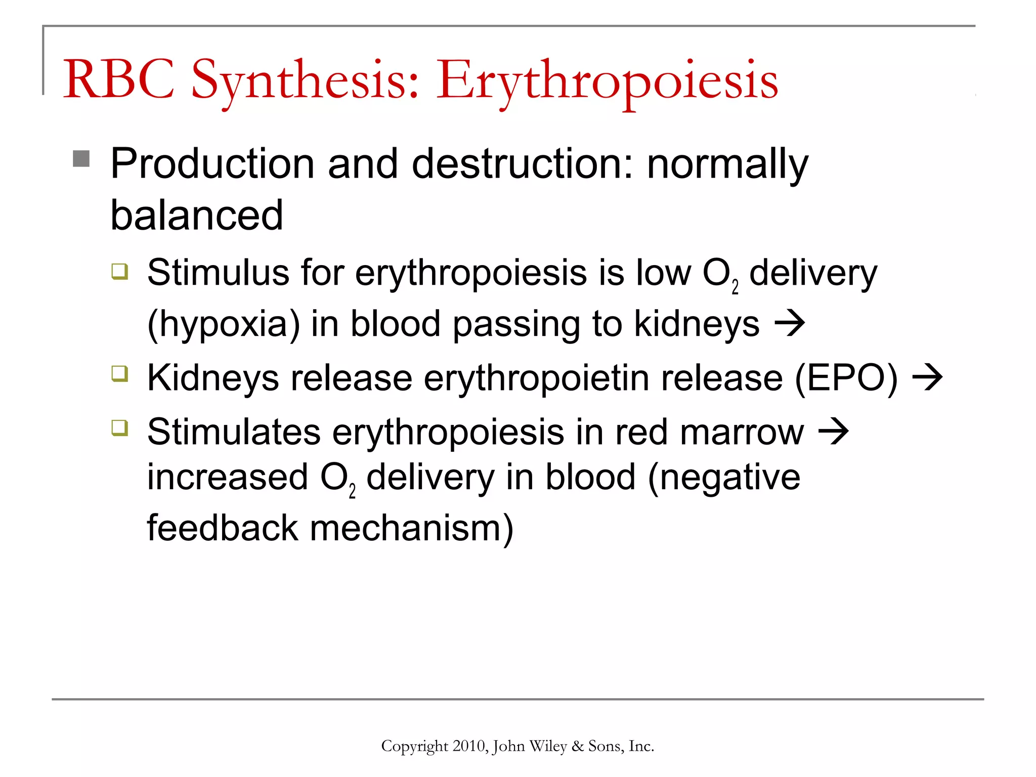 RBC Synthesis: Erythropoiesis


Production and destruction: normally
balanced





Stimulus for erythropoiesis is low O2 delivery
(hypoxia) in blood passing to kidneys 
Kidneys release erythropoietin release (EPO) 
Stimulates erythropoiesis in red marrow 
increased O2 delivery in blood (negative
feedback mechanism)

Copyright 2010, John Wiley & Sons, Inc.

 
