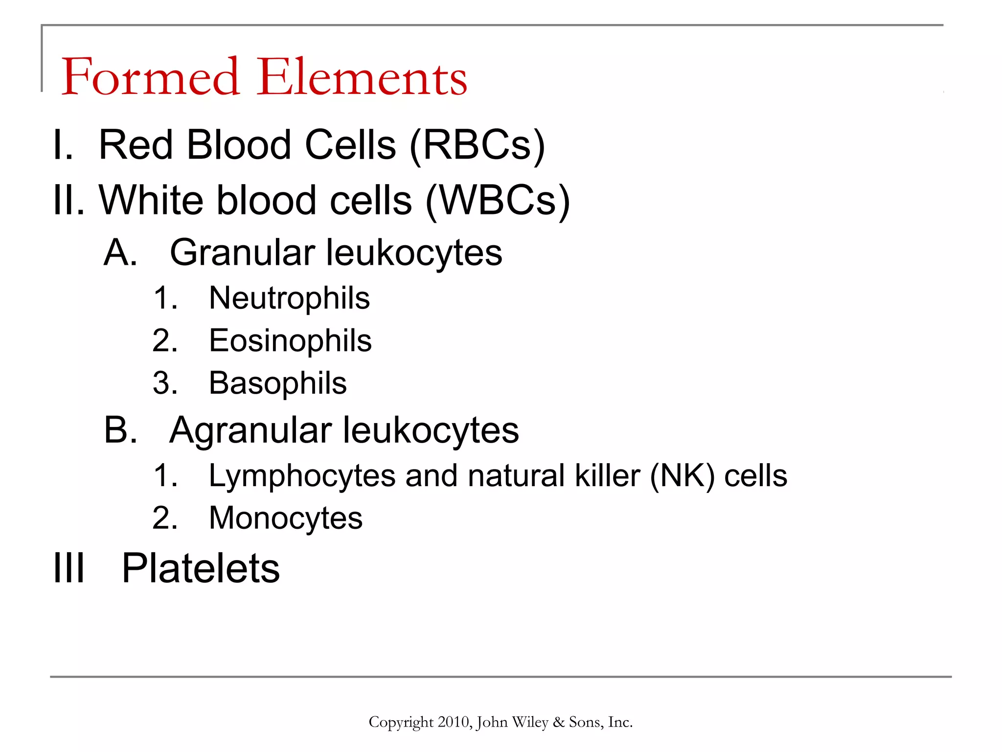 Formed Elements
I. Red Blood Cells (RBCs)
II. White blood cells (WBCs)
A. Granular leukocytes
1. Neutrophils
2. Eosinophils
3. Basophils

B. Agranular leukocytes
1. Lymphocytes and natural killer (NK) cells
2. Monocytes

III Platelets

Copyright 2010, John Wiley & Sons, Inc.

 