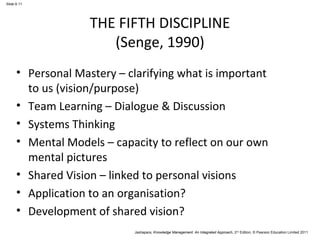 Jashapara, Knowledge Management: An Integrated Approach, 2nd Edition, © Pearson Education Limited 2011 
Slide 6.11 
THE FIFTH DISCIPLINE 
(Senge, 1990) 
• Personal Mastery – clarifying what is important 
to us (vision/purpose) 
• Team Learning – Dialogue & Discussion 
• Systems Thinking 
• Mental Models – capacity to reflect on our own 
mental pictures 
• Shared Vision – linked to personal visions 
• Application to an organisation? 
• Development of shared vision? 
 