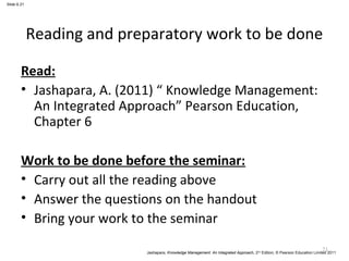Slide 6.21 
Reading and preparatory work to be done 
Read: 
• Jashapara, A. (2011) “ Knowledge Management: 
An Integrated Approach” Pearson Education, 
Chapter 6 
Work to be done before the seminar: 
• Carry out all the reading above 
• Answer the questions on the handout 
• Bring your work to the seminar 
21 
Jashapara, Knowledge Management: An Integrated Approach, 2nd Edition, © Pearson Education Limited 2011 
 