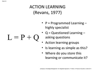 Jashapara, Knowledge Management: An Integrated Approach, 2nd Edition, © Pearson Education Limited 2011 
Slide 6.9 
ACTION LEARNING 
(Revans, 1977) 
• P = Programmed Learning – 
highly specialist 
• Q = Questioned Learning – 
asking questions 
• Action learning groups 
• Is learning as simple as this? 
• Where do you store this 
learning or communicate it? 
L = P + Q 
 