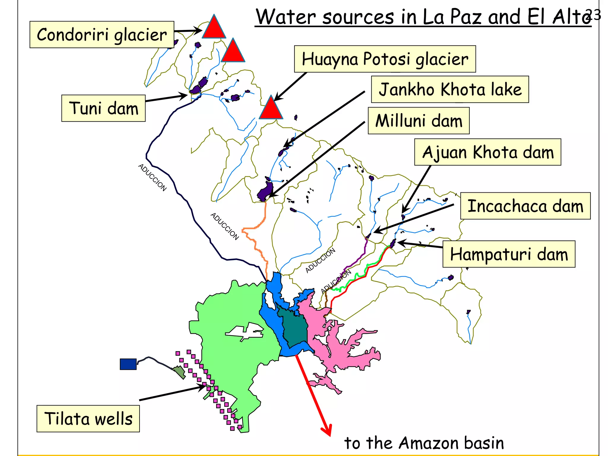 Incachaca dam
Hampaturi dam
Milluni dam
Ajuan Khota dam
Condoriri glacier
Tuni dam
Tilata wells
Jankho Khota lake
to the Amazon basin
Water sources in La Paz and El Alto
Huayna Potosi glacier
23
 