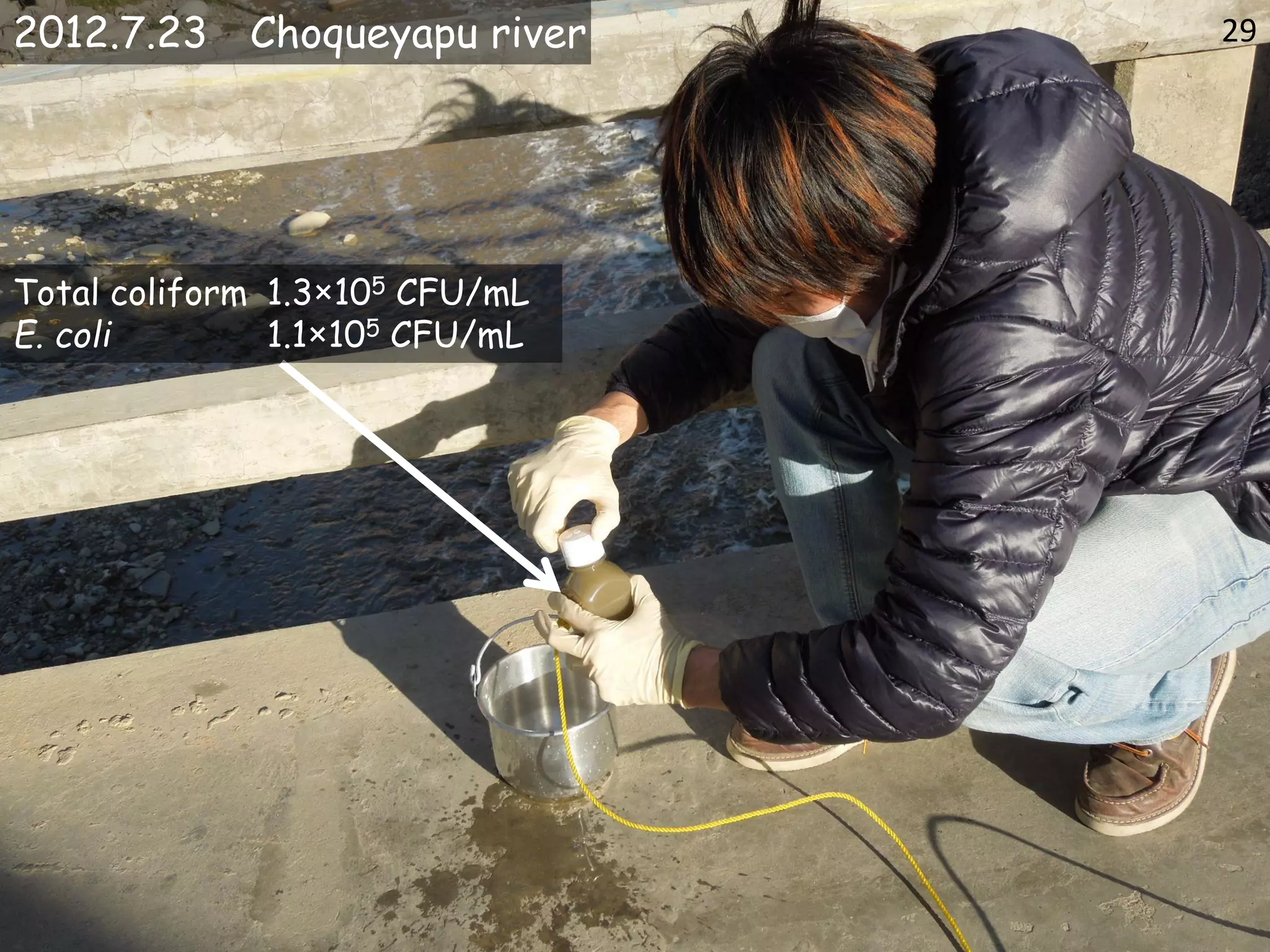 Total coliform 1.3×105 CFU/mL
E. coli 1.1×105 CFU/mL
2012.7.23 Choqueyapu river 29
 