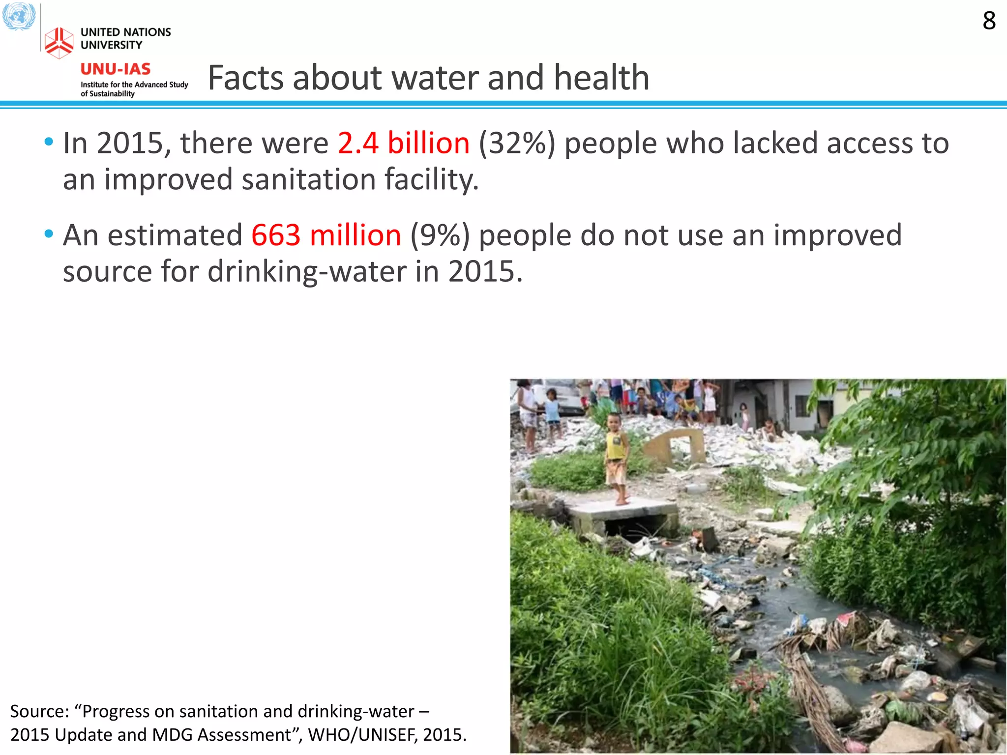 Facts about water and health
• In 2015, there were 2.4 billion (32%) people who lacked access to
an improved sanitation facility.
• An estimated 663 million (9%) people do not use an improved
source for drinking-water in 2015.
8
Source: “Progress on sanitation and drinking-water –
2015 Update and MDG Assessment”, WHO/UNISEF, 2015.
 