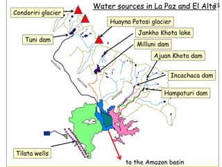 Incachaca dam
Hampaturi dam
Milluni dam
Ajuan Khota dam
Condoriri glacier
Tuni dam
Tilata wells
Jankho Khota lake
to the Amazon basin
Water sources in La Paz and El Alto
Huayna Potosi glacier
23
 