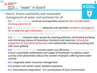“water” in Goal 6
• Goal 6. Ensure availability and sustainable
management of water and sanitation for all
◦ 6.1: By 2030, achieve universal and equitable access to safe and affordable
drinking water for all
◦ 6.2: By 2030, achieve access to adequate and equitable sanitation and hygiene
for all and end open defecation, paying special attention to the needs of women
and girls and those in vulnerable situations
◦ 6.3: By 2030, improve water quality by reducing pollution, eliminating dumping
and minimizing release of hazardous chemicals and materials, halving the
proportion of untreated wastewater and substantially increasing recycling and
safe reuse globally
◦ 6.4: By 2030, substantially increase water-use efficiency across all sectors and
ensure sustainable withdrawals and supply of freshwater to address water
scarcity and substantially reduce the number of people suffering from water
scarcity
◦ 6.5: integrated water resources management
◦ 6.6: protect and restore water-related ecosystems
◦ 6.a: international cooperation 6.b: participation of local communities
6
 