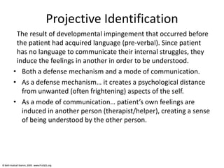 © Beth Hudnall Stamm, 2009. www.ProQOL.org© Beth Hudnall Stamm, 2009. www.ProQOL.org
Projective Identification
The result of developmental impingement that occurred before
the patient had acquired language (pre-verbal). Since patient
has no language to communicate their internal struggles, they
induce the feelings in another in order to be understood.
• Both a defense mechanism and a mode of communication.
• As a defense mechanism… it creates a psychological distance
from unwanted (often frightening) aspects of the self.
• As a mode of communication… patient’s own feelings are
induced in another person (therapist/helper), creating a sense
of being understood by the other person.
 