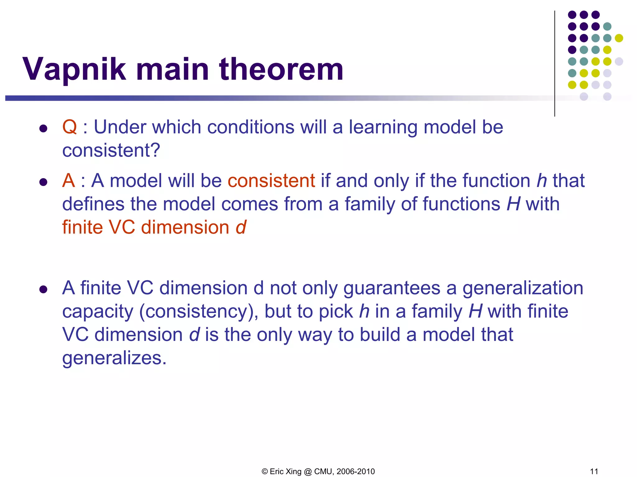 © Eric Xing @ CMU, 2006-2010 11
 Q : Under which conditions will a learning model be
consistent?
 A : A model will be consistent if and only if the function h that
defines the model comes from a family of functions H with
finite VC dimension d
 A finite VC dimension d not only guarantees a generalization
capacity (consistency), but to pick h in a family H with finite
VC dimension d is the only way to build a model that
generalizes.
Vapnik main theorem
 