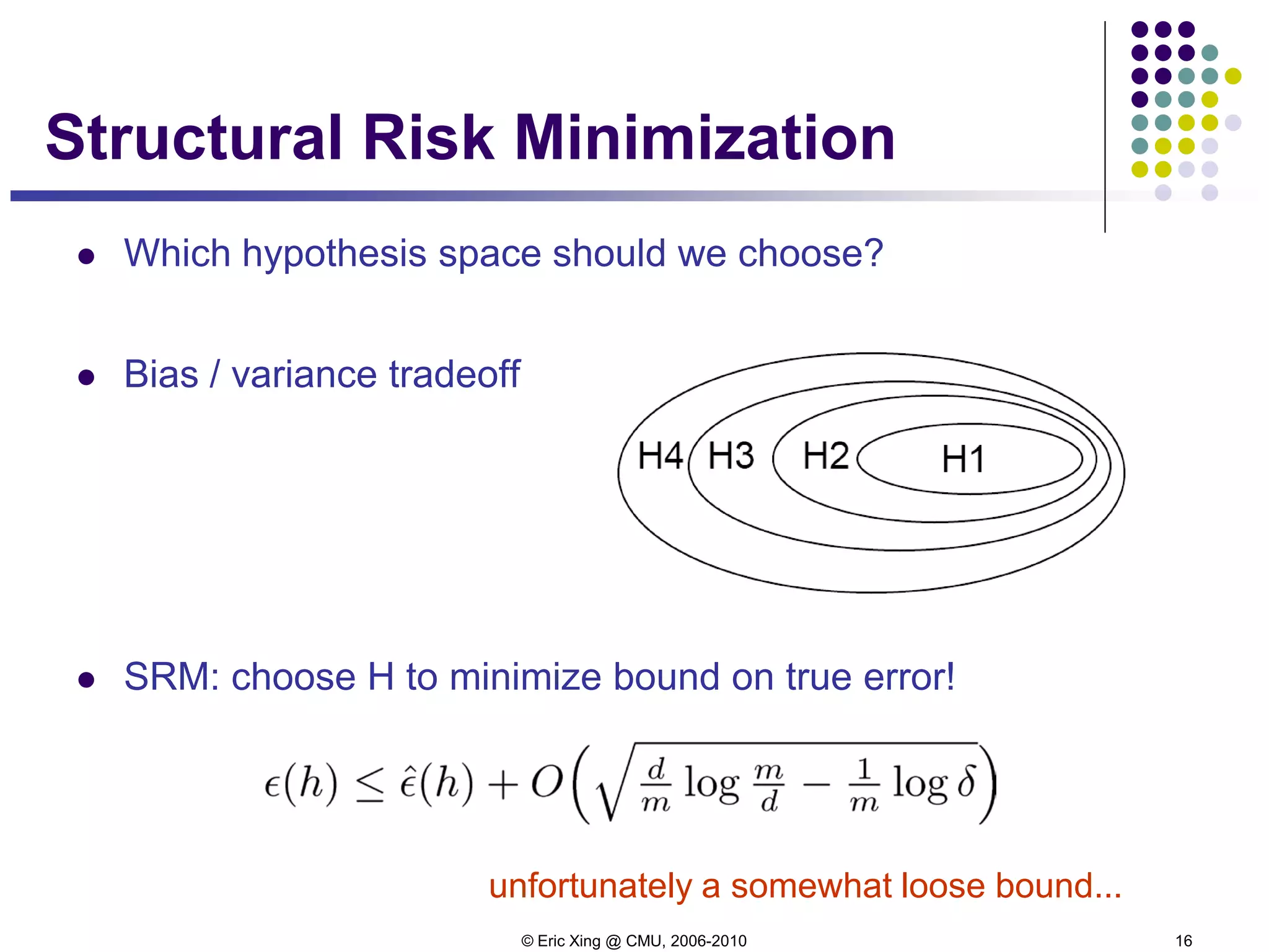 © Eric Xing @ CMU, 2006-2010 16
Structural Risk Minimization
 Which hypothesis space should we choose?
 Bias / variance tradeoff
 SRM: choose H to minimize bound on true error!
unfortunately a somewhat loose bound...
 